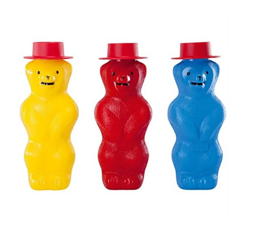 Three bubble bears side by side in yellow red, and blue. 