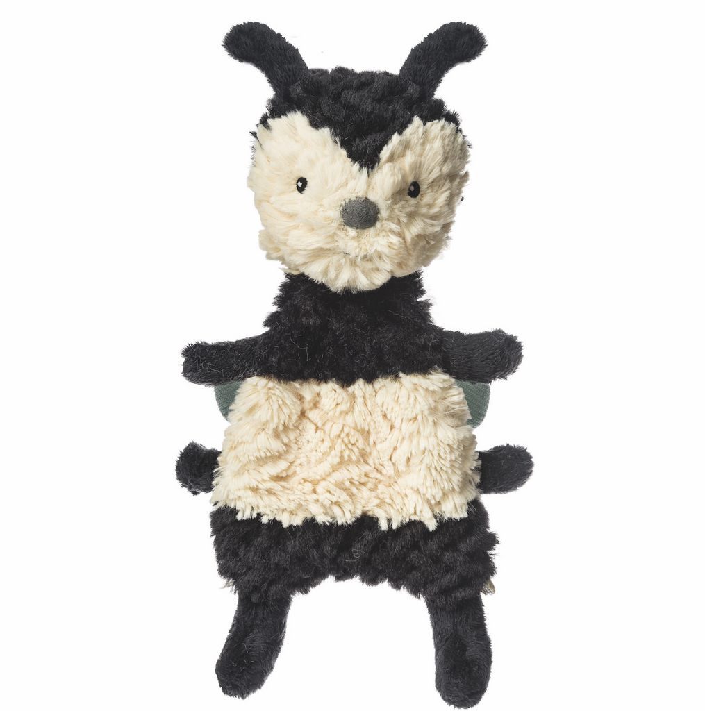 Bumble Bee Lovey with black and yellow stripes, under stuffed body and plush head that makes it easy for baby to hold on tight. 