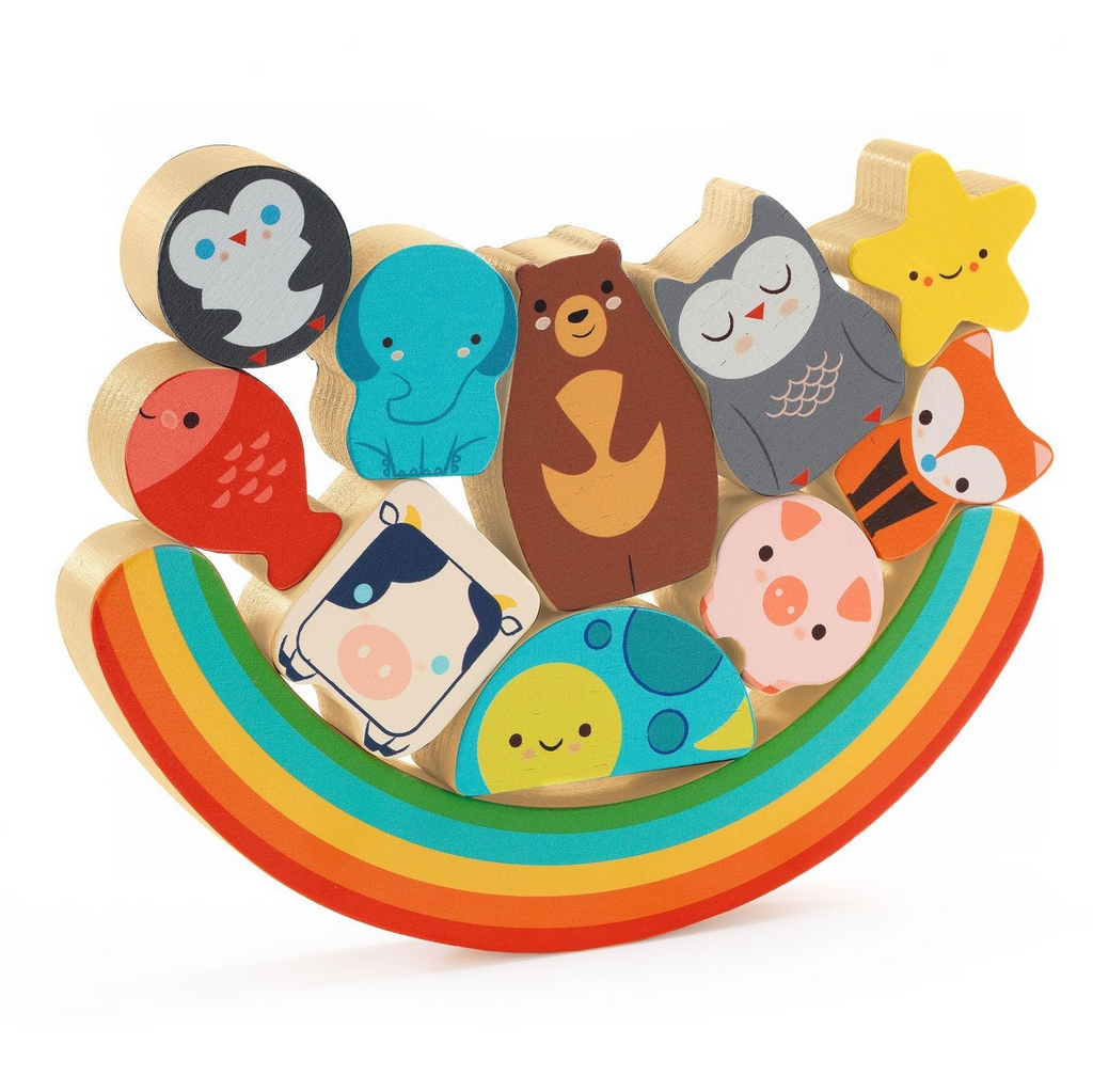 The colorful wooden animals stacked and balanced on the rainbow