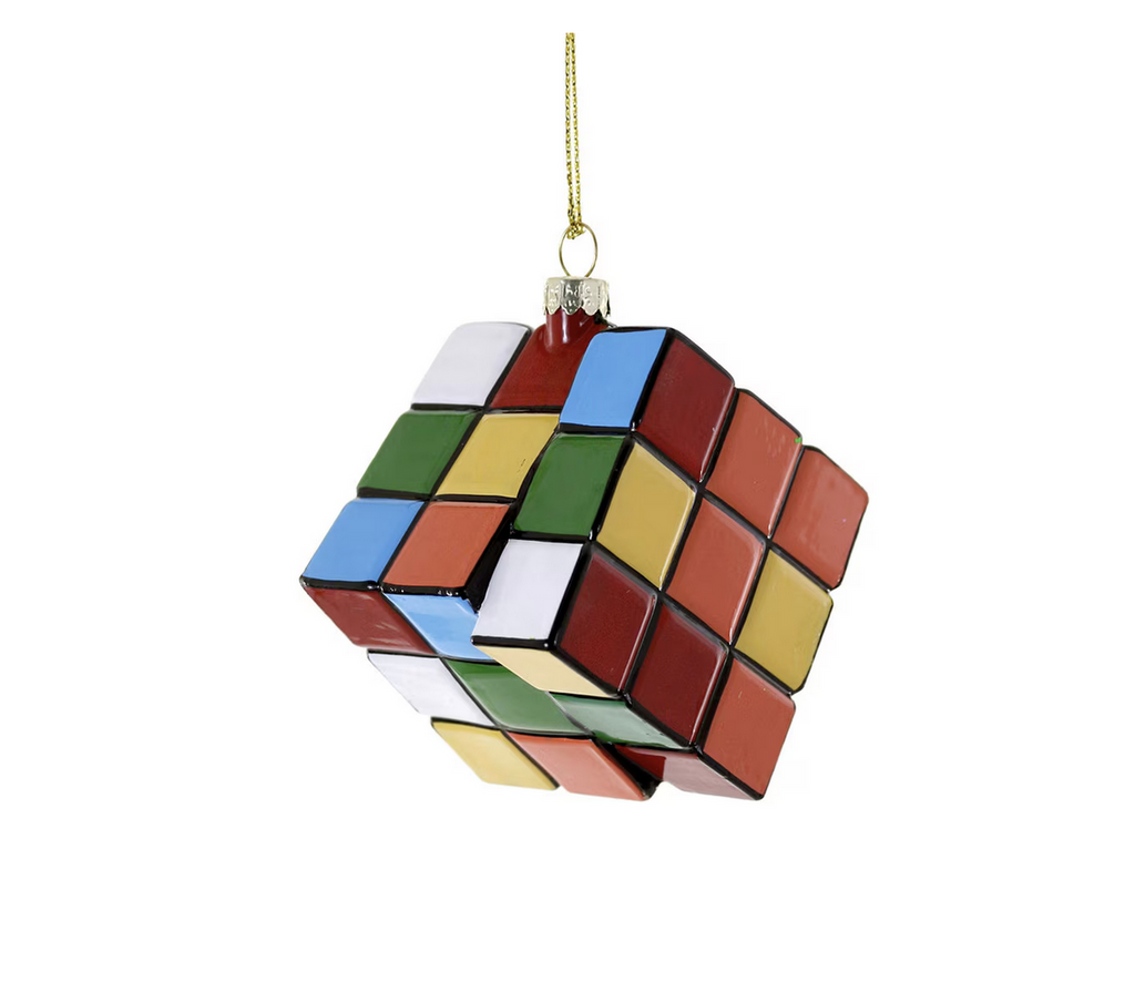 Rubik cube puzzle inspired glass ornament.