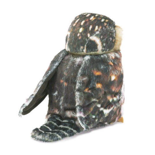 Back view of the Pygmy Owl plush puppet showing off it's wings and tail feathers. 