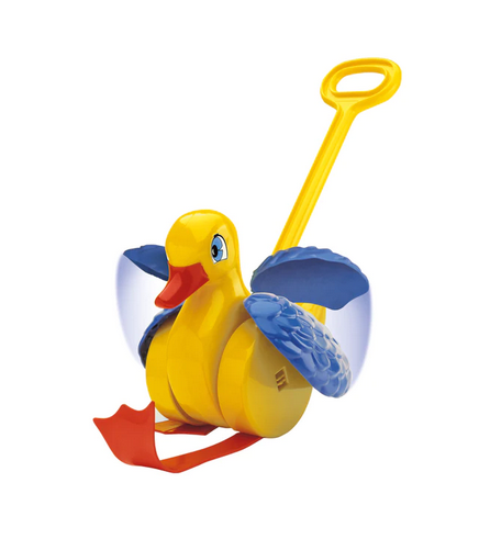 The Quack and Flap yellow duck with blue flapping wings and orange feet push toy. The handle is yellow. 