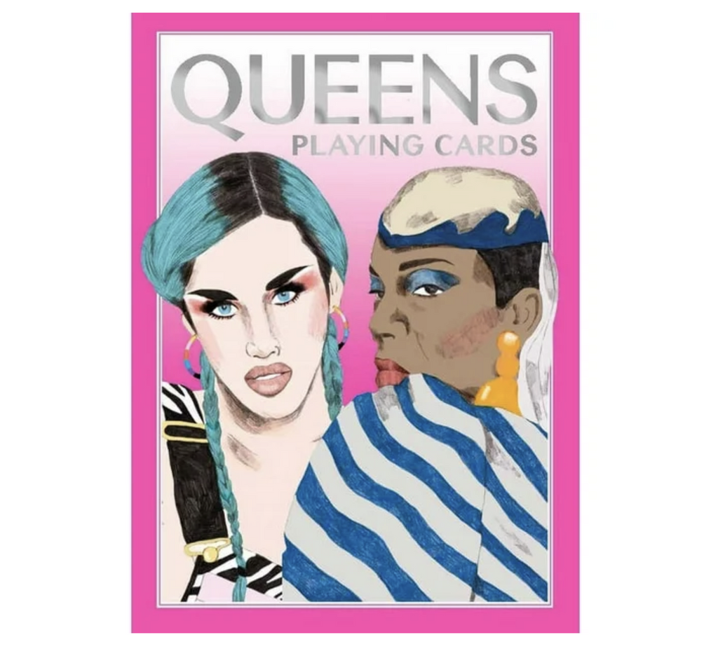 Card deck cover featuring illustrations of a couple of glamorous drag queens with a bright pink border. 