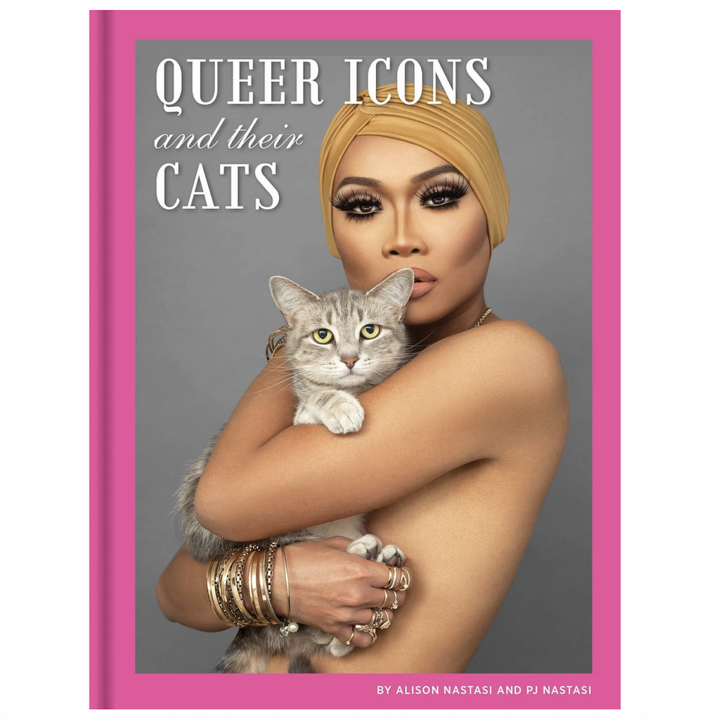 Cover of Queer Icons and their Cats featuring a glamorous photo of the drag performer Jujubee and her cat. 