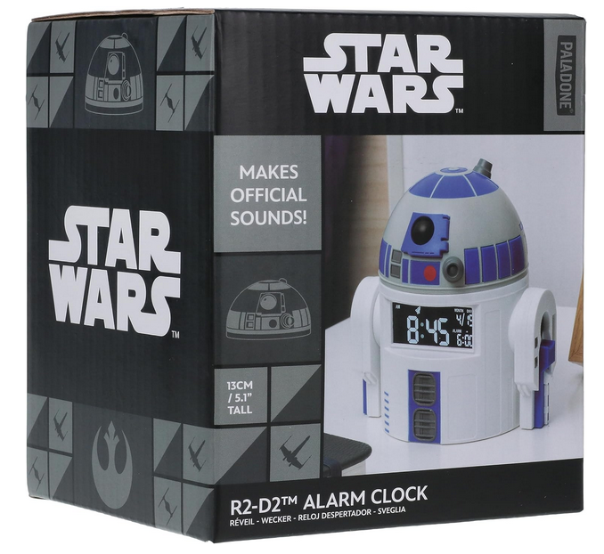 Box with picture of the R2D2 alarm clock and graphics of Star Wars imagery and logo.
