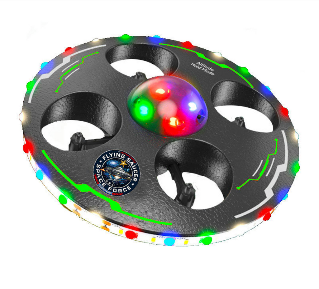 UFO shaped drone that takes off and lands with the push of a button. The LED-lit flying saucer has lights all around the outer edge and in the middle. 