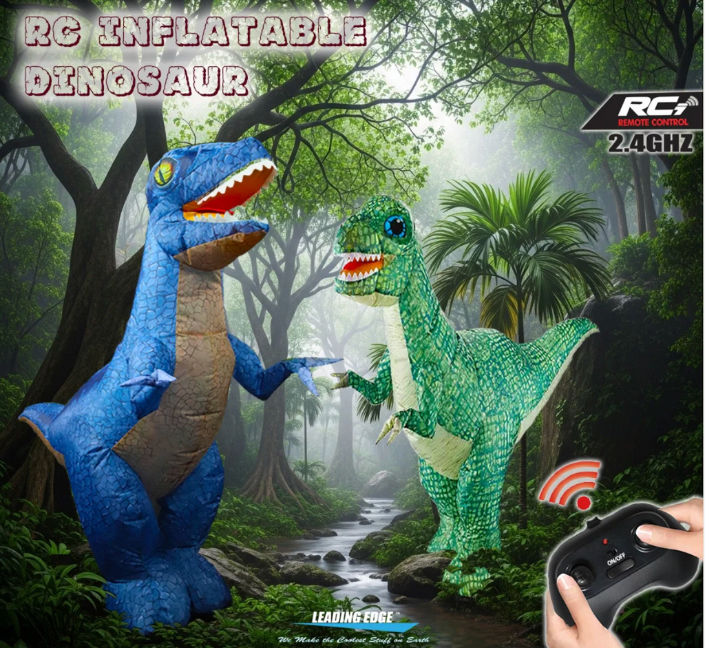 Two inflatable dinosaurs, one blue and one green, in a forest setting with a remote control held by a hand.