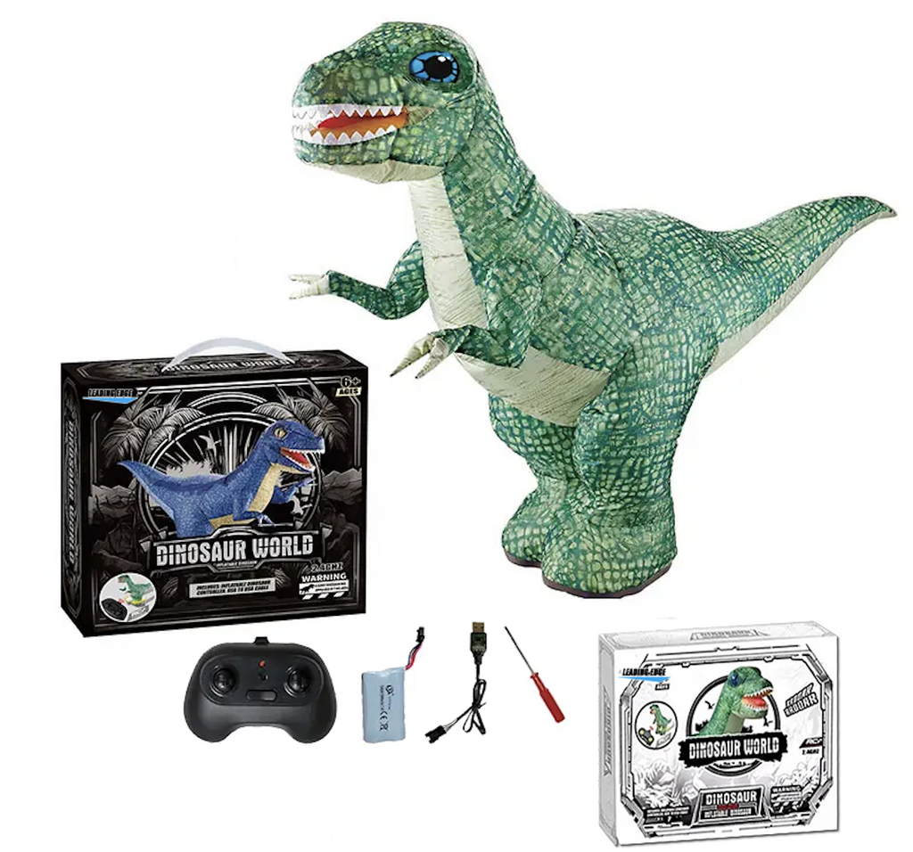 The green inflatable RC Dinosaur fully blown up and ready to roll. The box with a picture of the dino on the front is at the side along with the controller, battery pack, charging cord and mini screwdriver. 