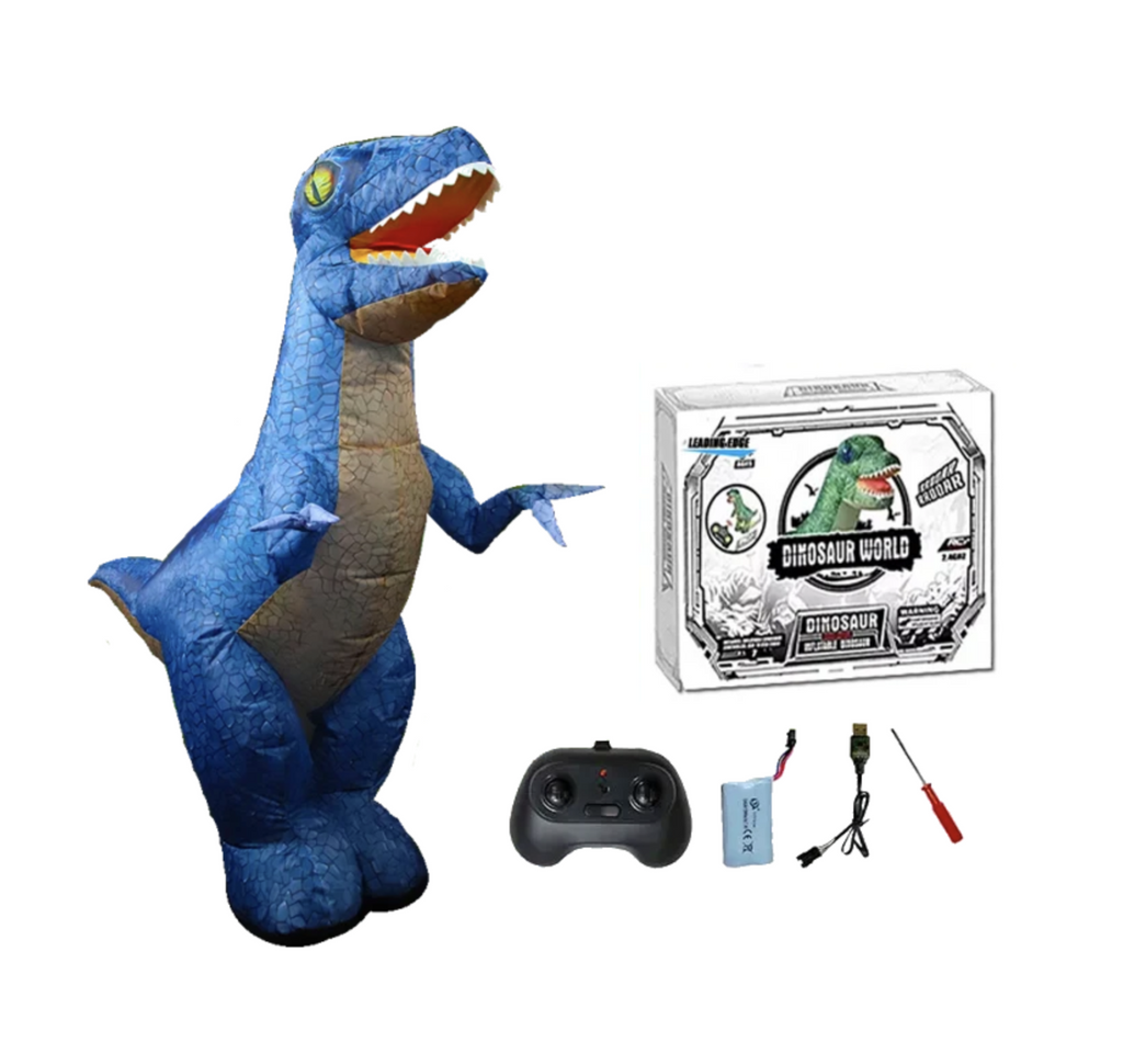 Blue inflatable dinosaur with box and remote control on a white background.