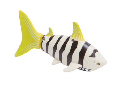 Close up of the RC Mini Shark which is a white and black striped shark with yellow tail and fins. 