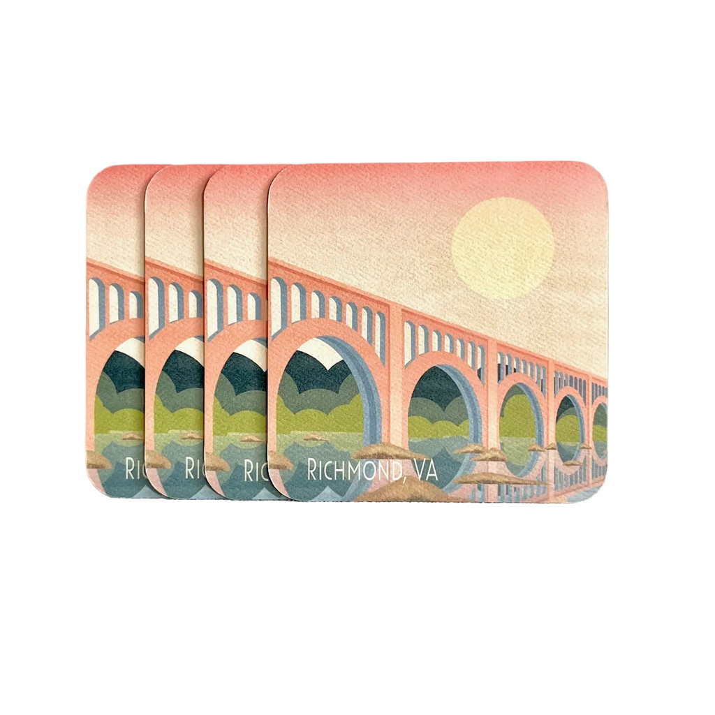 Set of four coasters with a train bridge design and 'Richmond, VA' written across the bottom. 