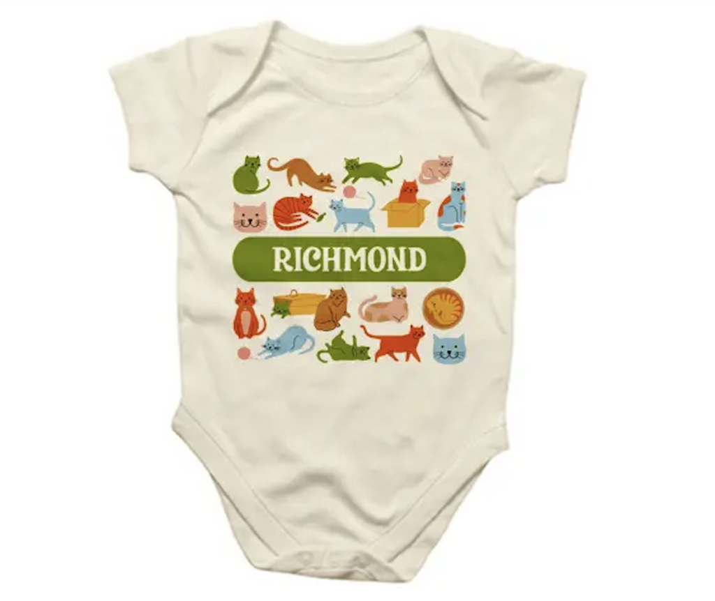 Baby snap suit with illustrated image many cool colorful cats and Richmond written on the front. Size newborn 3-6 months. 