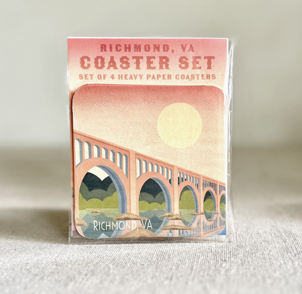 Set of four heavy paper coasters with Renee Stramels' original art portraying the Richmond VA train bridge packaged in a clear plastic wrapping. 