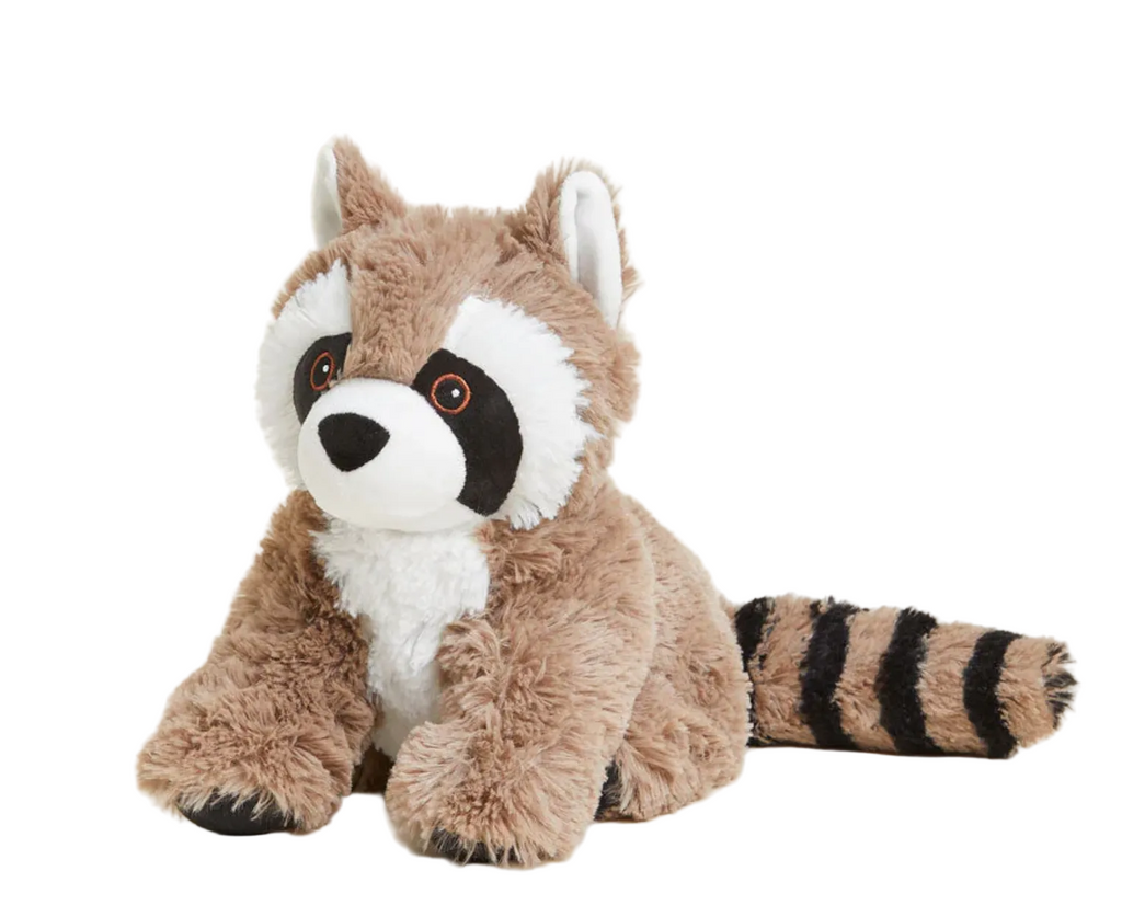 Raccoon Warmies weighted plush in a seated position.  
