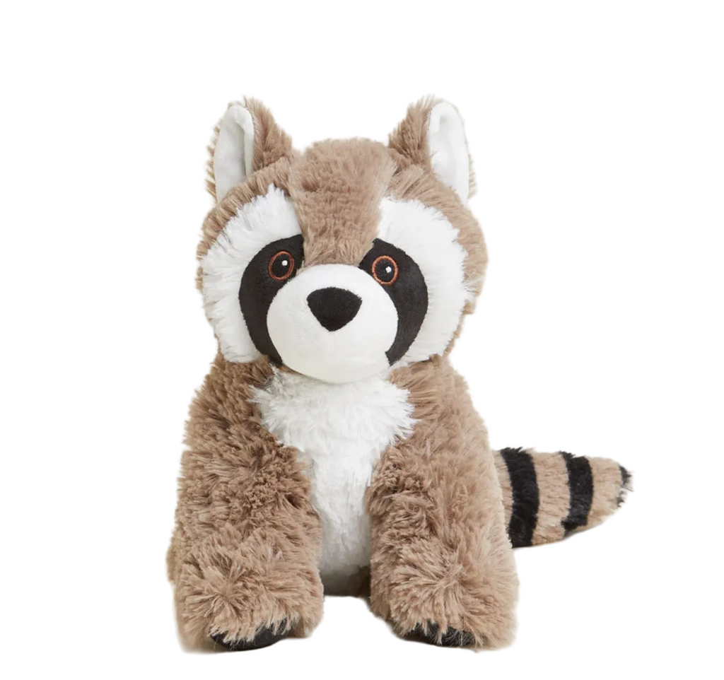Raccoon Warmies weighted stuffed animal with tan fur, white chest and signature ringed tail. 