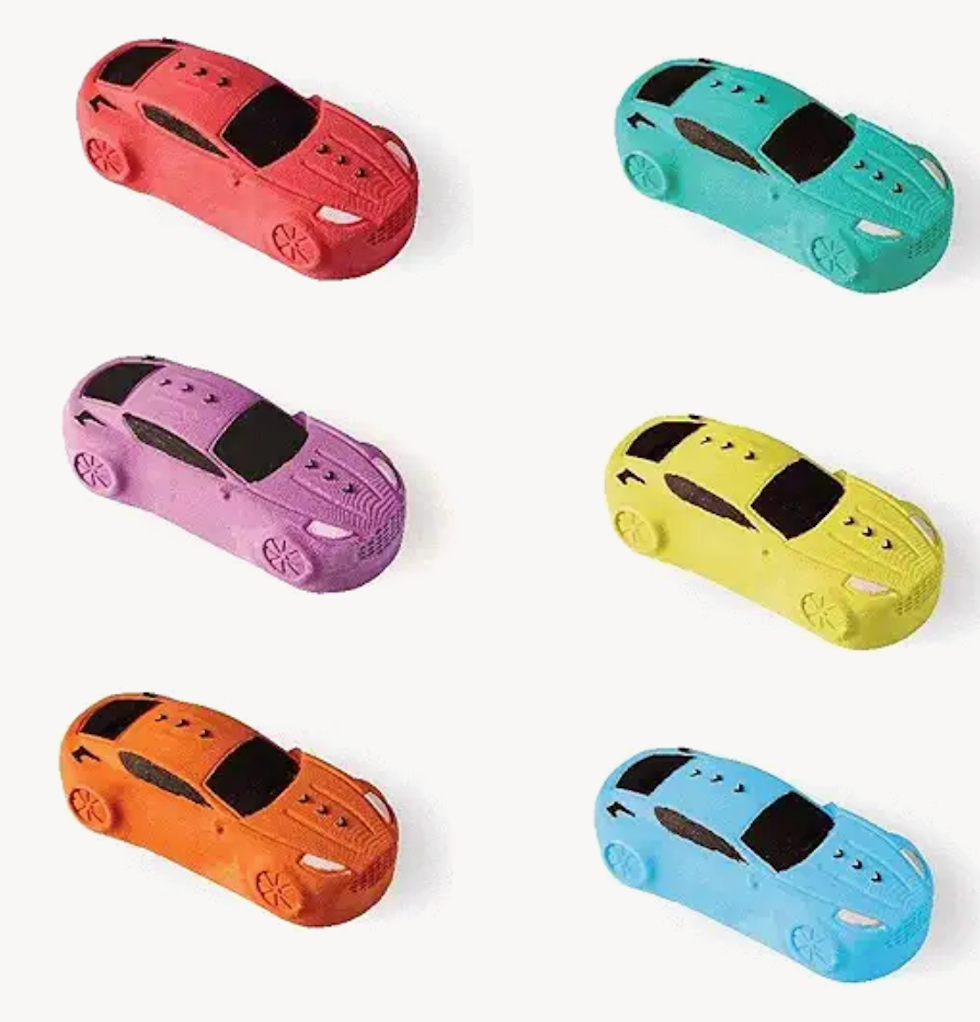 Each of the six race cars sidewalk chalk. 