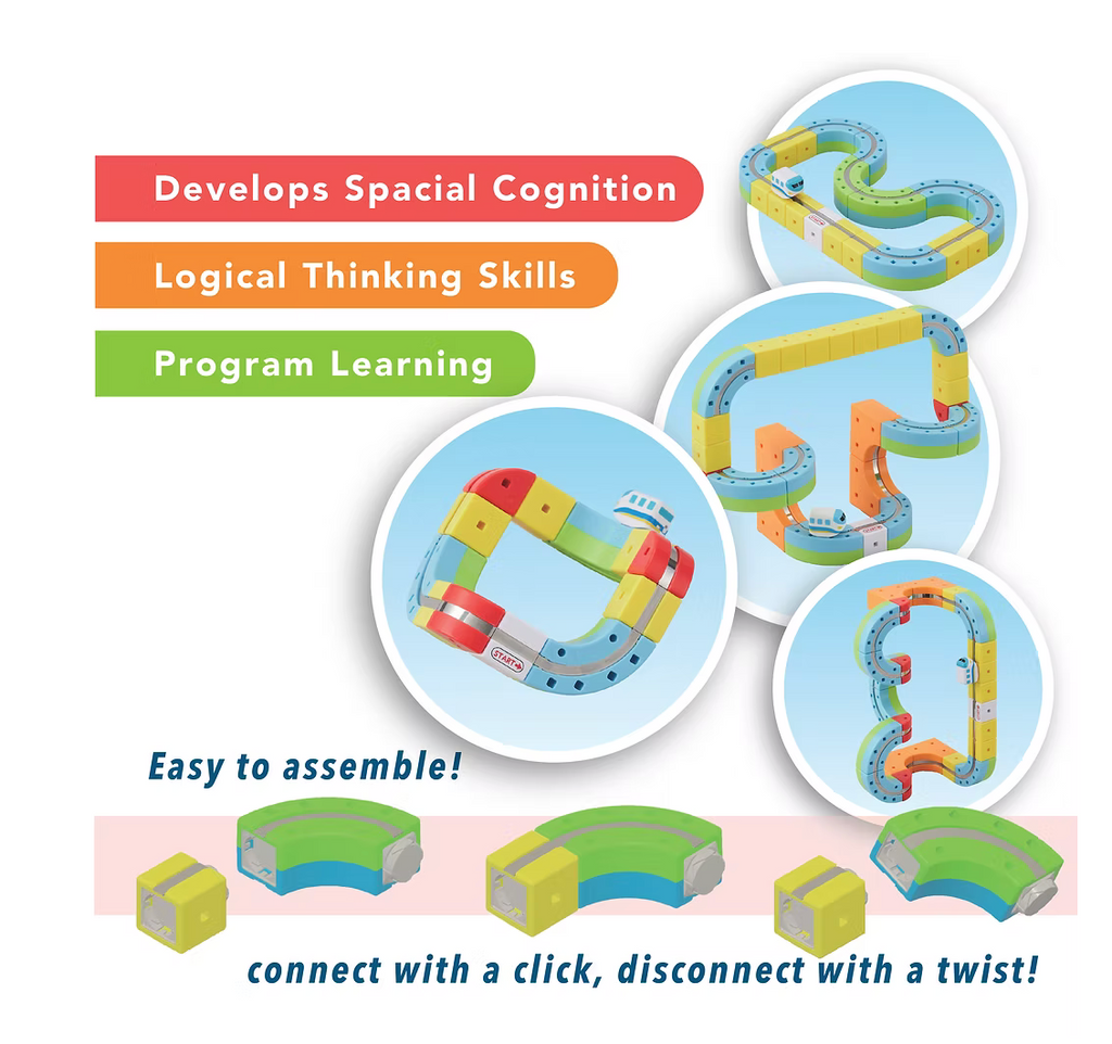 Colorful toy track set with text highlighting cognitive skills development on a white background