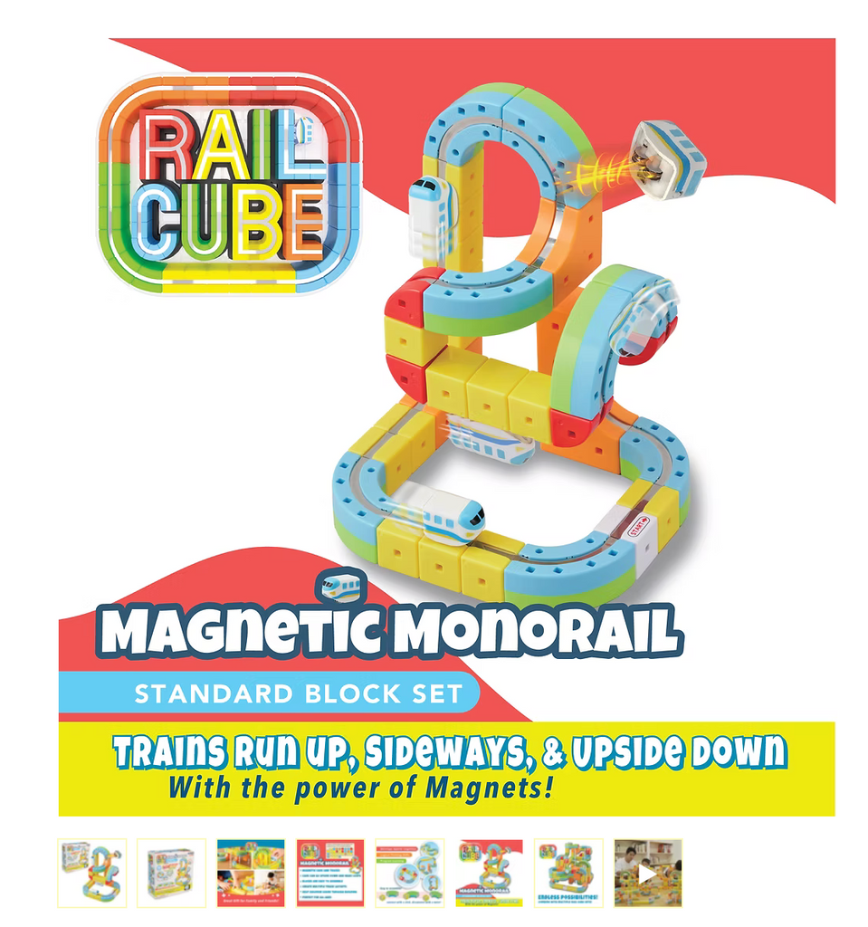 Colorful magnetic monorail toy set with 'Rail Cube' branding on a white background