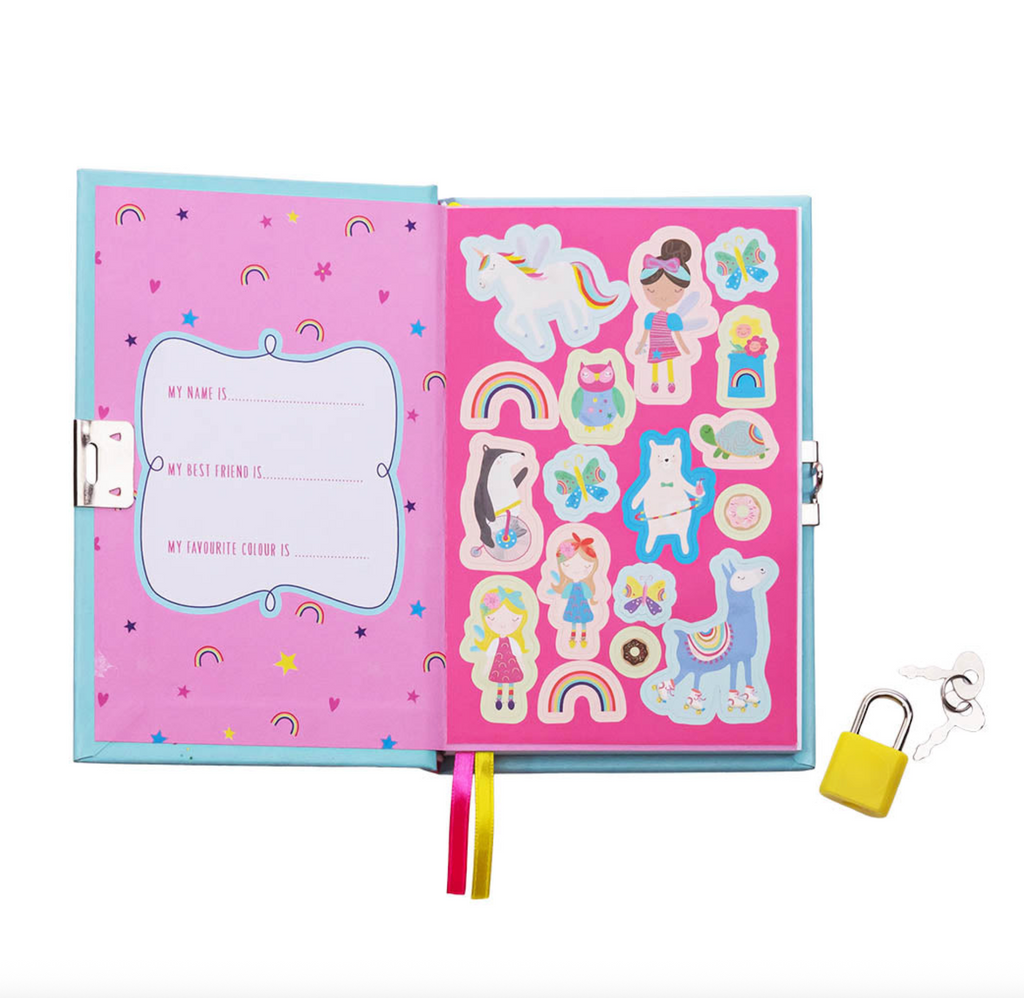Pink children's journal with stickers and a lock opened to he first page that shows an area to write your name and a few of your favorite things. 