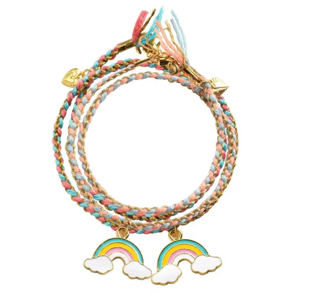 Braided bracelets with rainbow charms made with the Rainbow Kumihimo Bead and Jewelry Kit. 