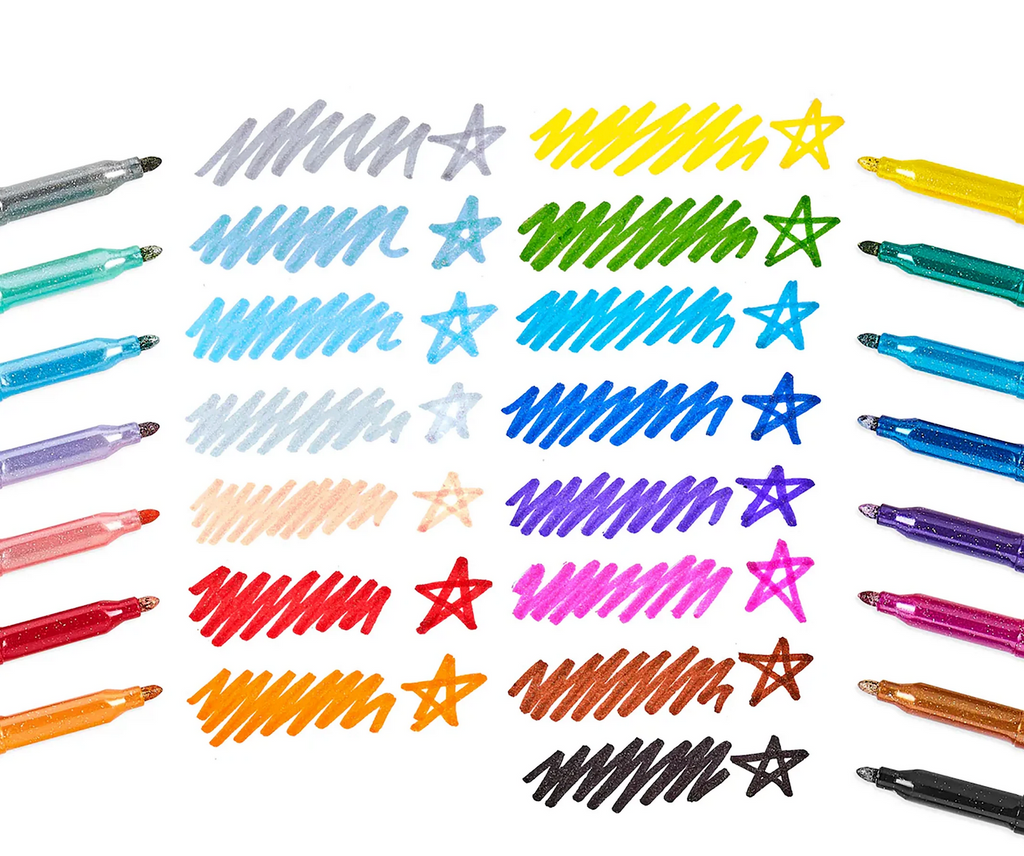 Assorted colorful markers with various markings to show the glitter colors for each marker in the set.  