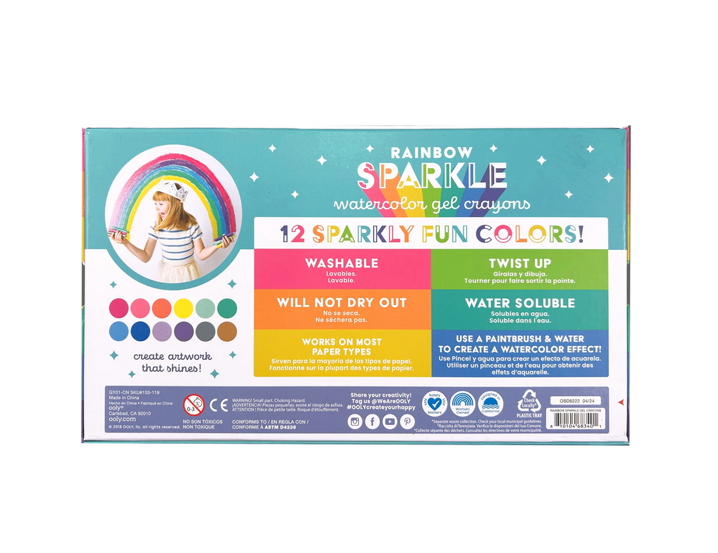 Back of package with colorful text: Washable, Twist up, will not dry out, water soluble, works on most paper types, us a paintbrush and water to create a watercolor effect.