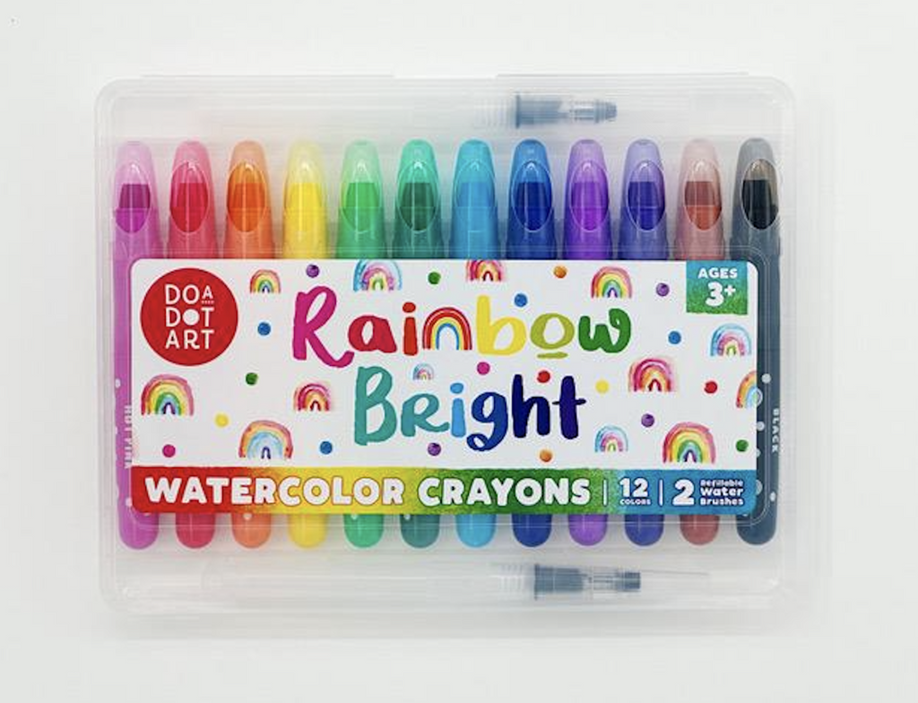 The Rainbow Bright Watercolor Crayons Set of 12 with 2 refillable water brushes. They are packaged in a see through plastic case with a white label covered in colorful rainbows and dots. 