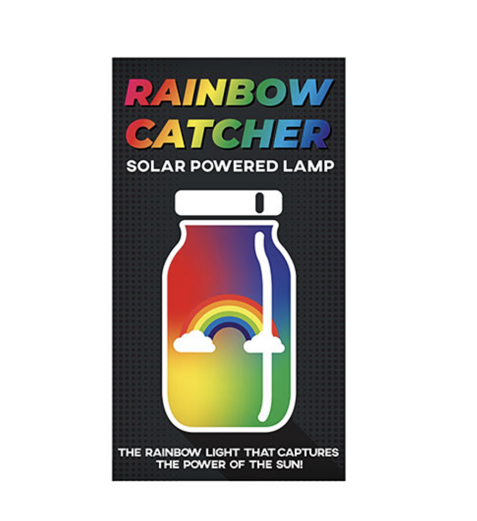 Black box with image of the Rainbow Catcher jar lamp with rainbow lettering. 