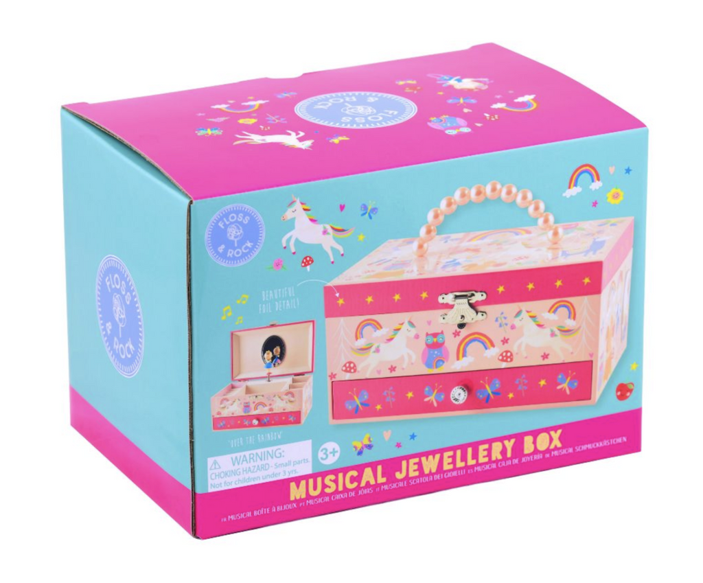 A colorful pink and light blue box with pictures of the Rainbow Fairy Jewelry Box both opened and closed on the front. The jewelry box has a pearl handle and unicorns, rainbows and animals all over it. 