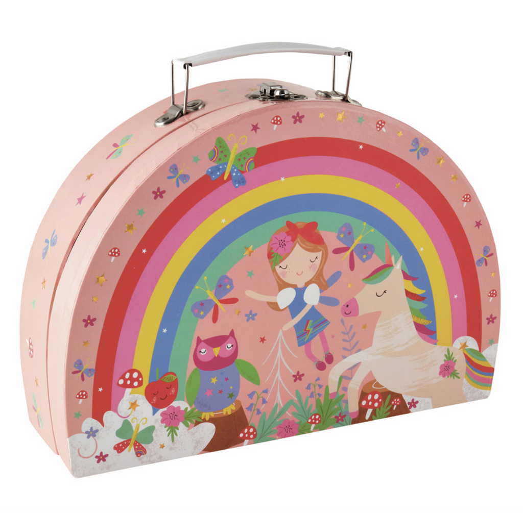 Half circle shaped case with brightly colored rainbow with a fairy, horse, owl and other woodland creatures printed on the front. There's a handle and metal closure at the top of the case. 