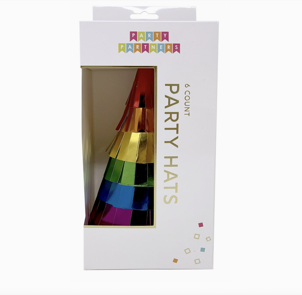 Set of 6 rainbow foil party hats stacked in a white box with multi colored lettering. 