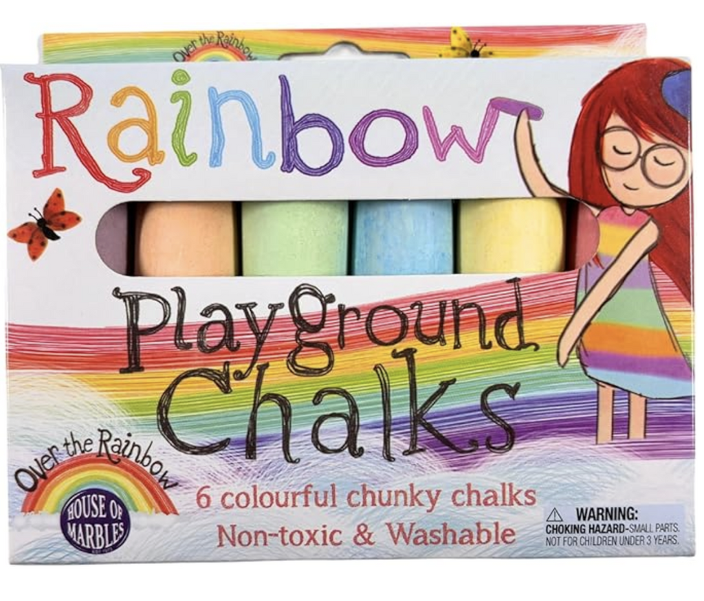 Box of Rainbow Playground Chalks illustrated with rainbow colors and lettering. With an open window to clearly see the colors of the chalks. 