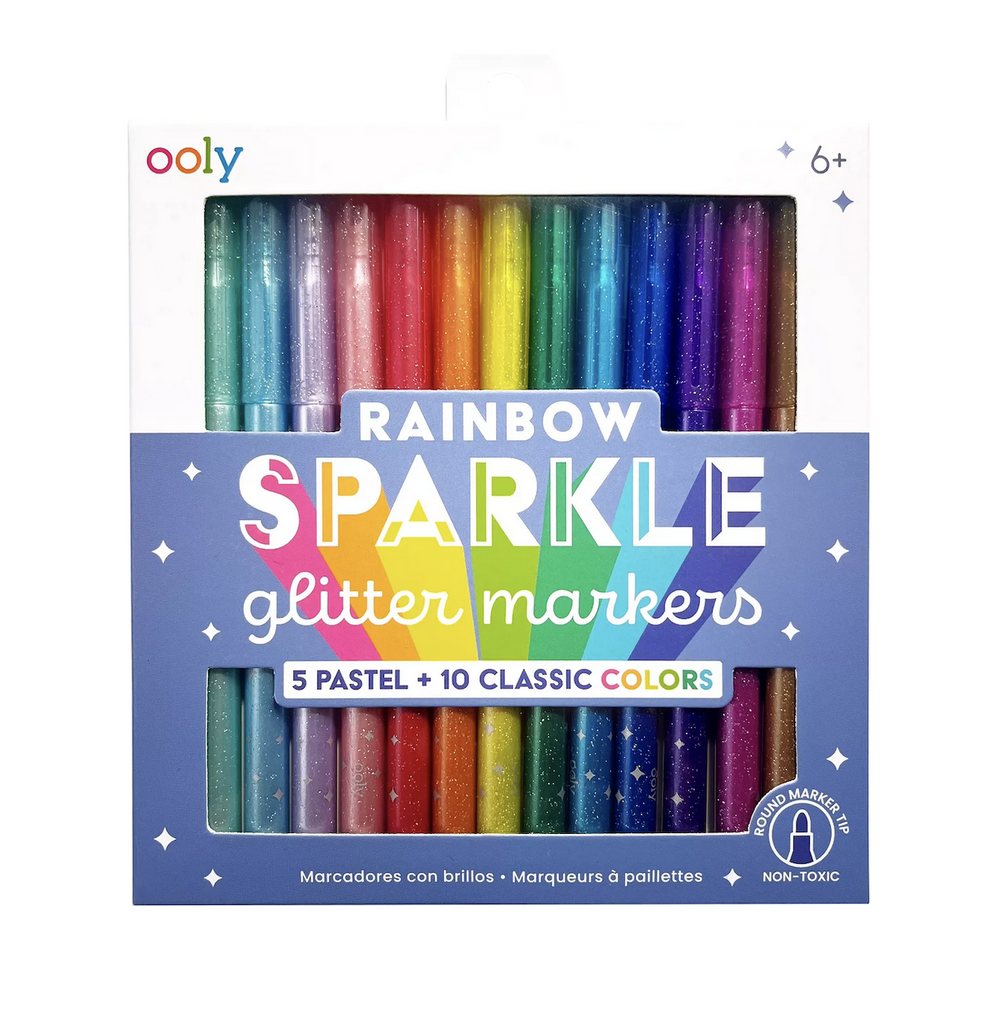 Colorful box with clear window to show the set of Rainbow Sparkle Glitter Markers. 