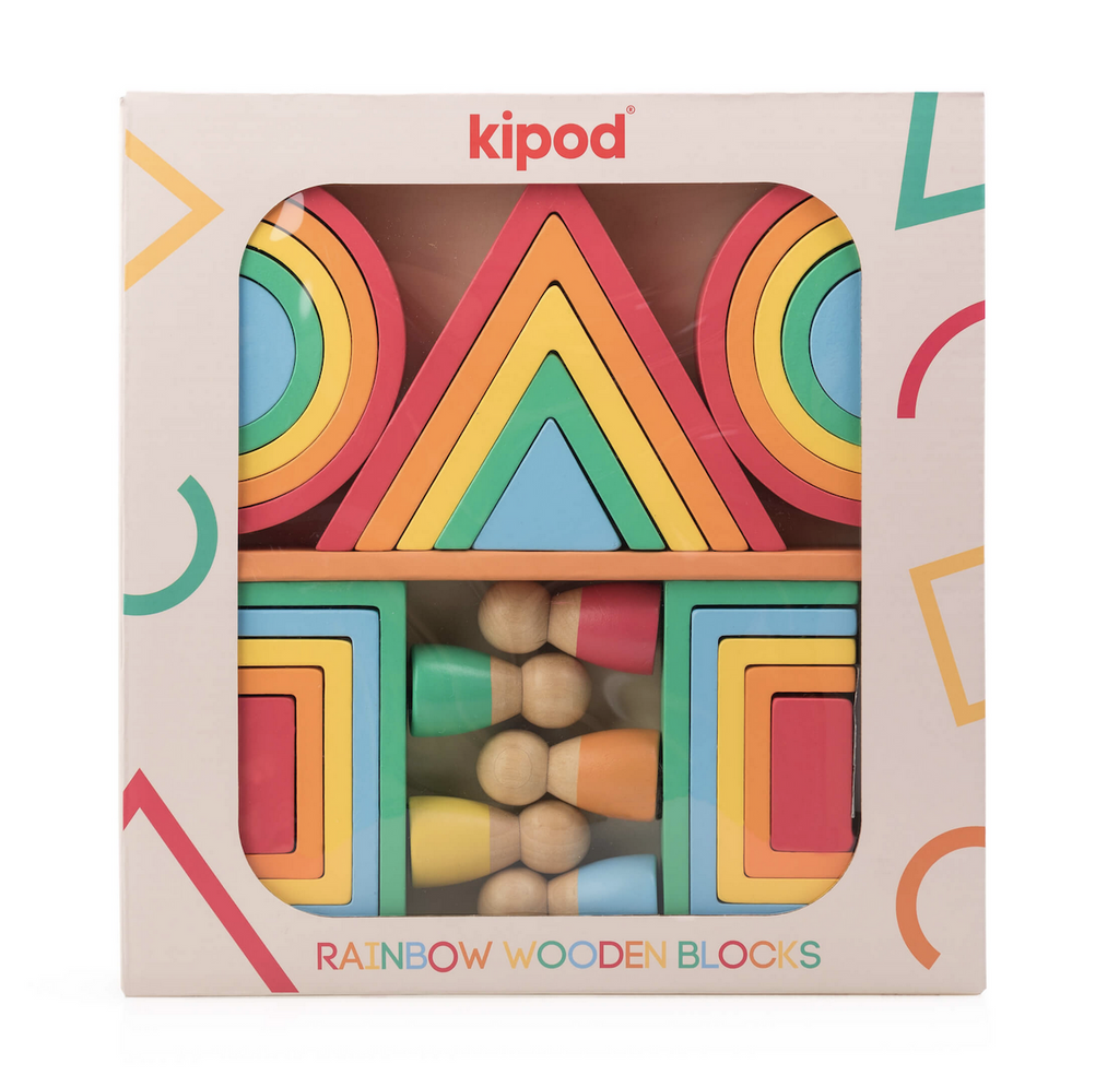 Rainbow Wooden blocks packaged in a box with a clear window to show the different colors and shapes. 