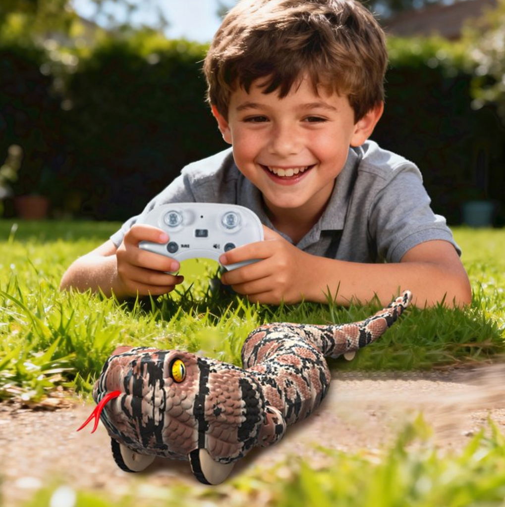 A child laying in the grass, playing with the Rattler RC Snake. 