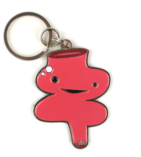 Pink rectum shaped enamel keychain. 