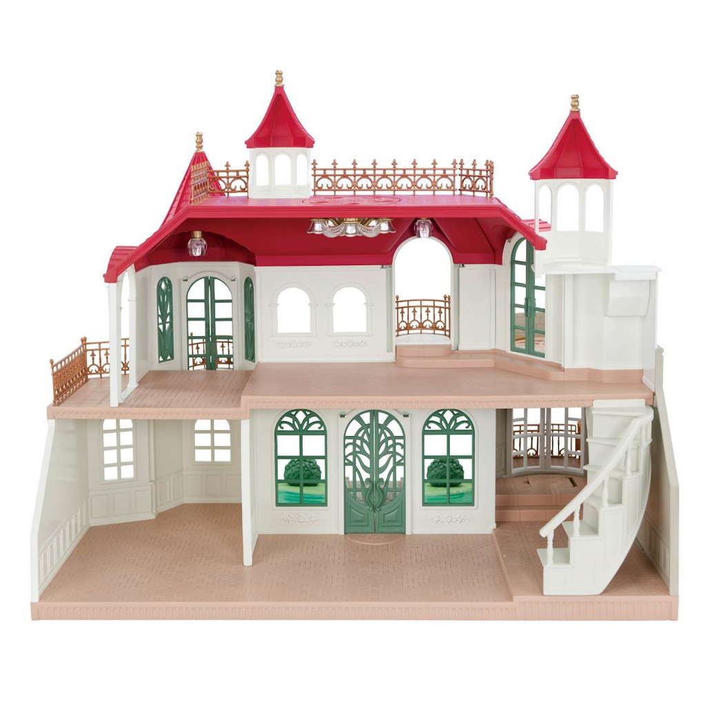 View of the back of the Red Roof Riverside Manor showing the first and second floors, spiral staircase, arched windows, and red roof with turrets. 