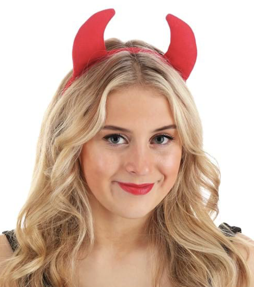 A young lady wearing the Red Devil Horns Headband. 