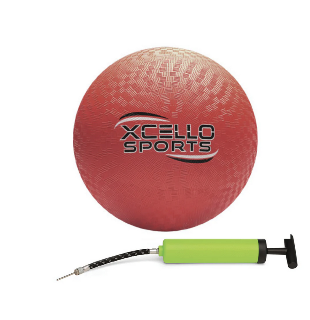 Classic red playground ball with included hand air pump. 