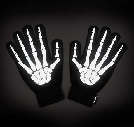 Top view of Reflective Skeleton Gloves in the dark showing the refective aspect. 