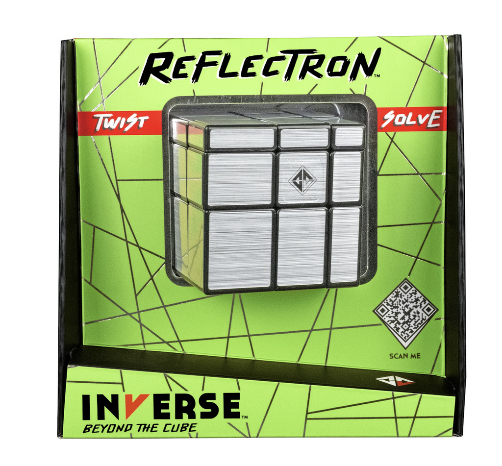 Cube shaped Reflectron puzzle packaged in a green and black box with the puzzle encased in clear plastic. 