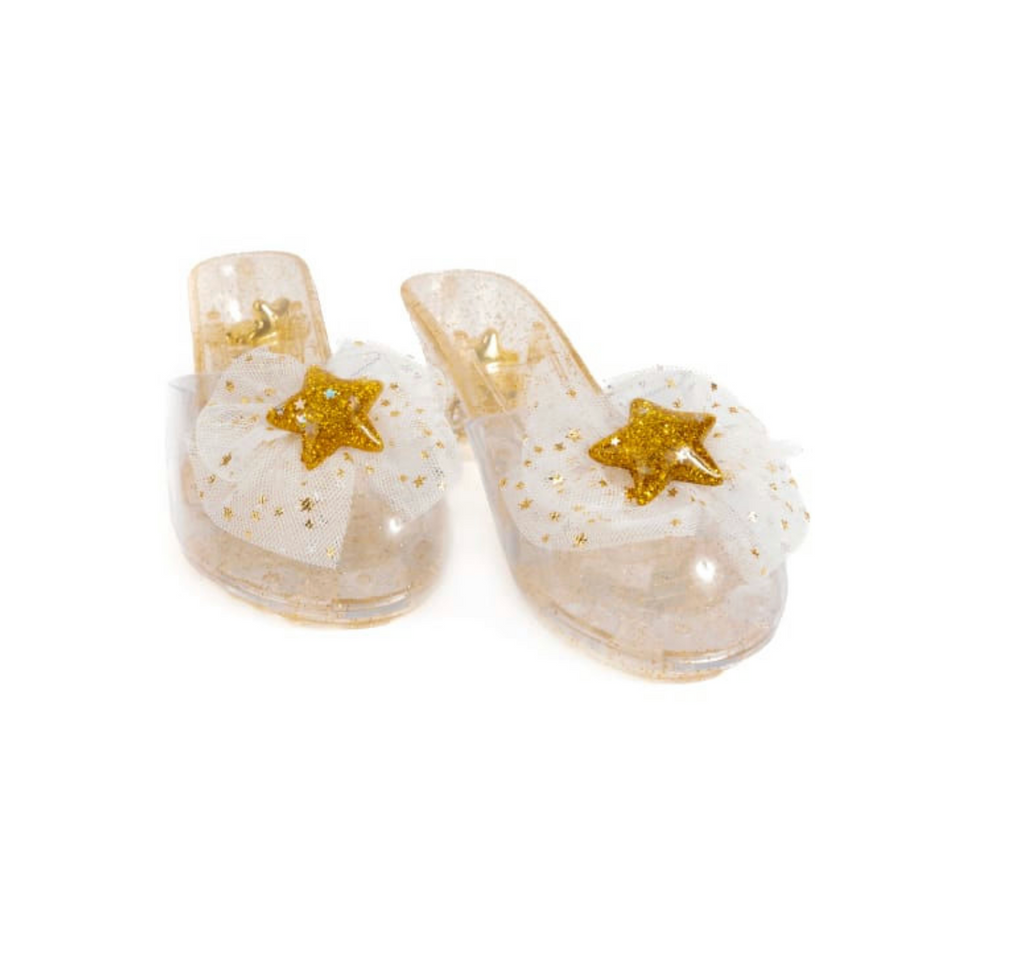 Close up picture of the Reigning Beauty High Heel dress up shoes with a gold litter stars and white tulle bows. 