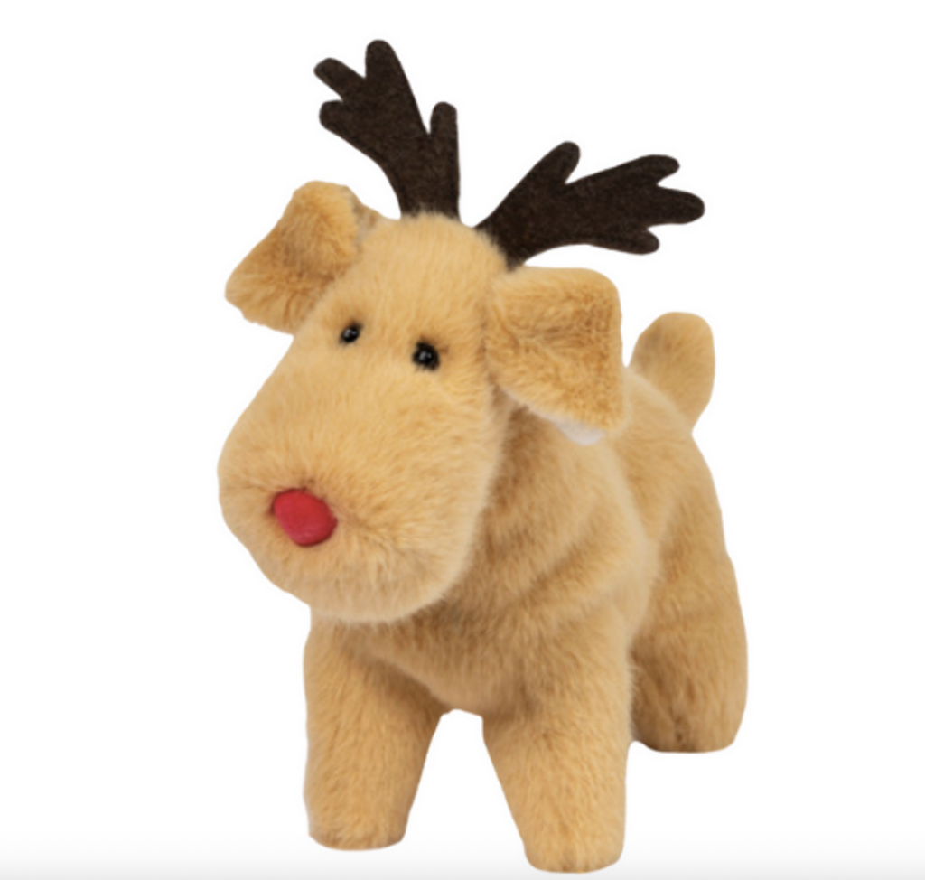The same cuddly soft Tim Dog Muzzle with a long and wide muzzle but he's all ready for the holidays dressed as your favorite reindeer wearing antlers on his head and a bright red nose. 