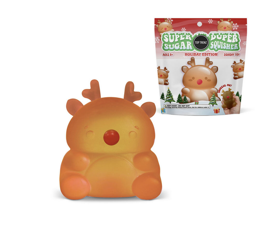 Reindeer super duper sugar squisher  is a dense gel filled round reindeer fidget with a bright red nose, sitting on a white background in front of its packaging.