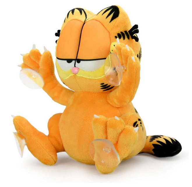 Side view of Relaxed Garfield as an 8-inch plush window clinger with 4 sturdy suction cups.