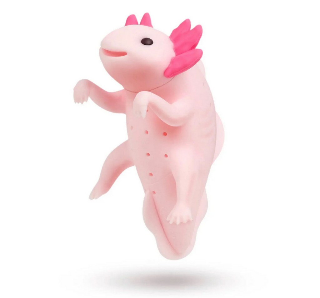 Pink silicone axolotl shaped tea infuser. 