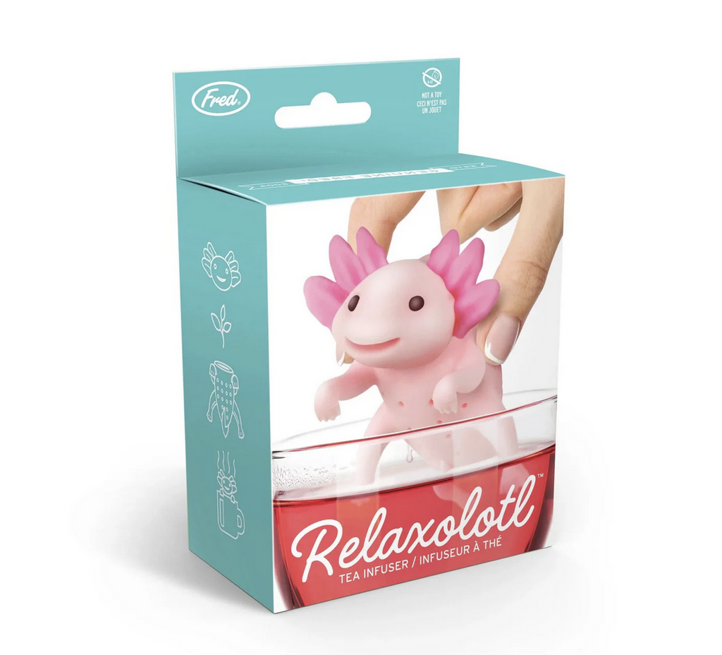 Relaxolotl Tea Infuser box with a picture of the oink axolotl being placed into a tea cup. 