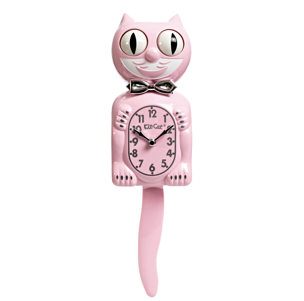 Retro pink kit cat clock with rolling eyes and wagging tail. The bow tie, numbers and clock hands are all chrome. 