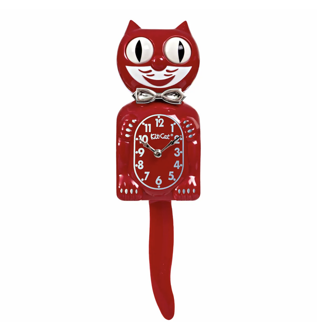 Retro red kit cat clock with chrome bow tie, numbers and clock hands along with the classic rolling eyes and wagging tail. 