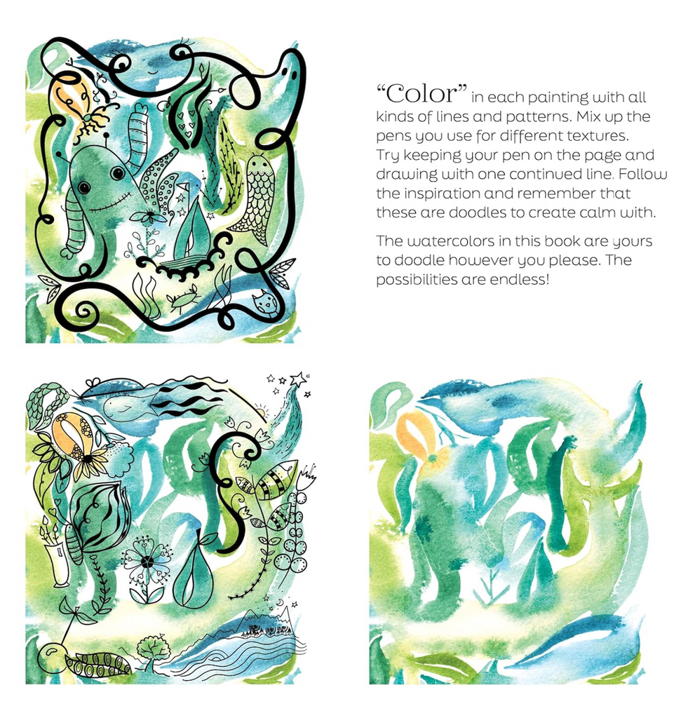 Sea creatures and other doodles with pen and marker over the watercolor pages inside the Reverse Coloring book. 